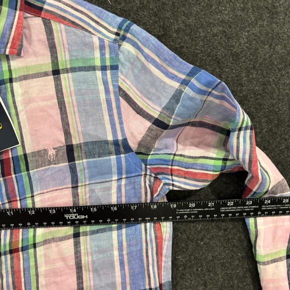 Polo Ralph Lauren Shirt Mens Medium Pink Blue Plaid Classic Fit 100% Linen Woven - Picture 5 of 9